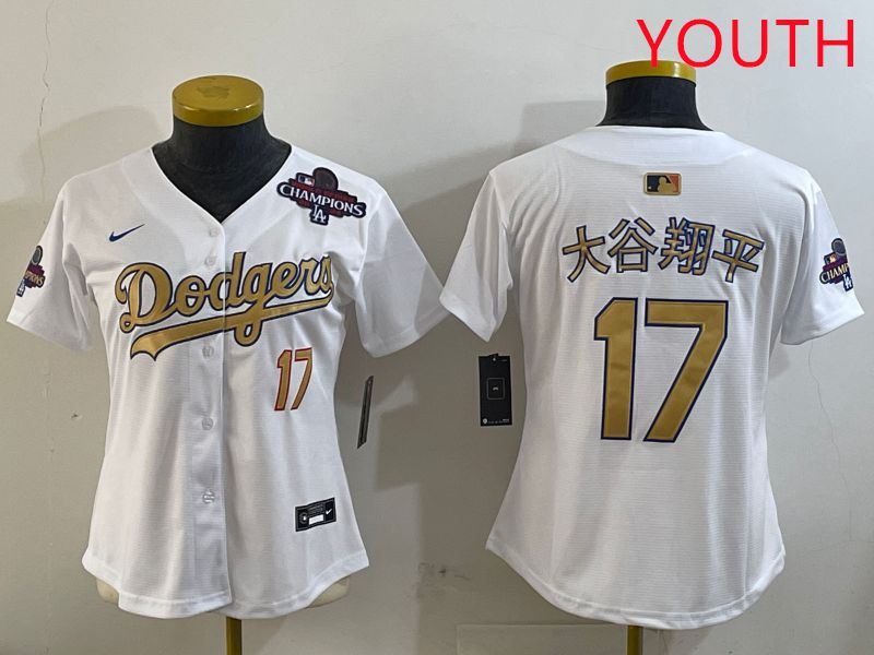 Youth Los Angeles Dodgers #17 Ohtani White Champion gold character 2025 Nike MLB Jersey style 7